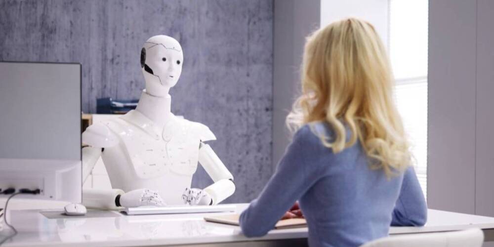 Woman talking to AI bot